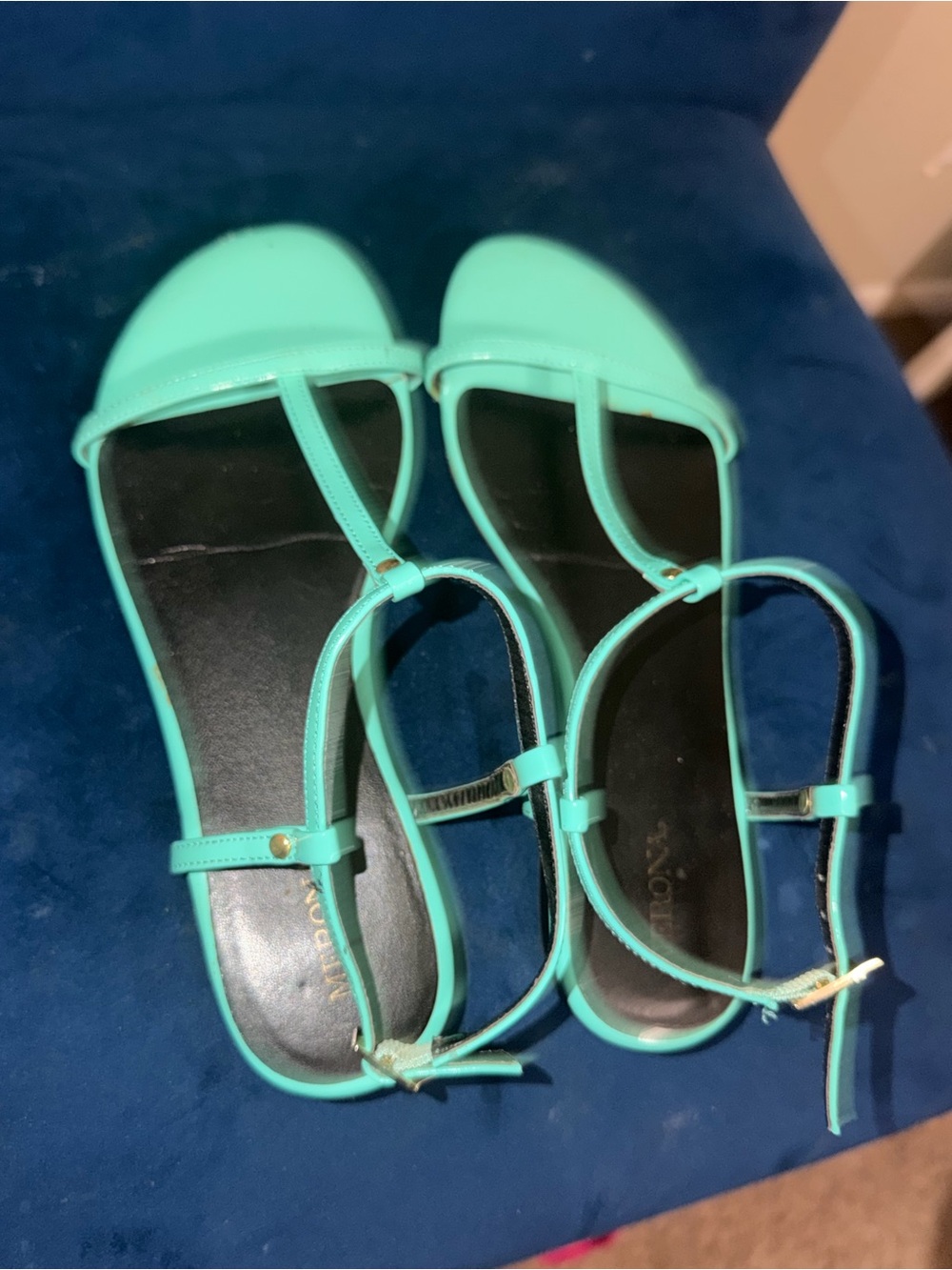 Women’s T-Strap Ankle Strap Flats in Aqua